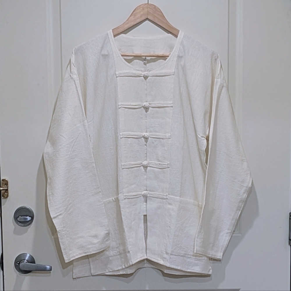 NWOT Beckwoman L Unisex 100% Cotton White Frog Closure Boho Tunic